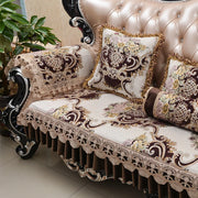housse canapé jacquard floral ornements brodés coussins décoratifs franges dorées beige marron turquoise