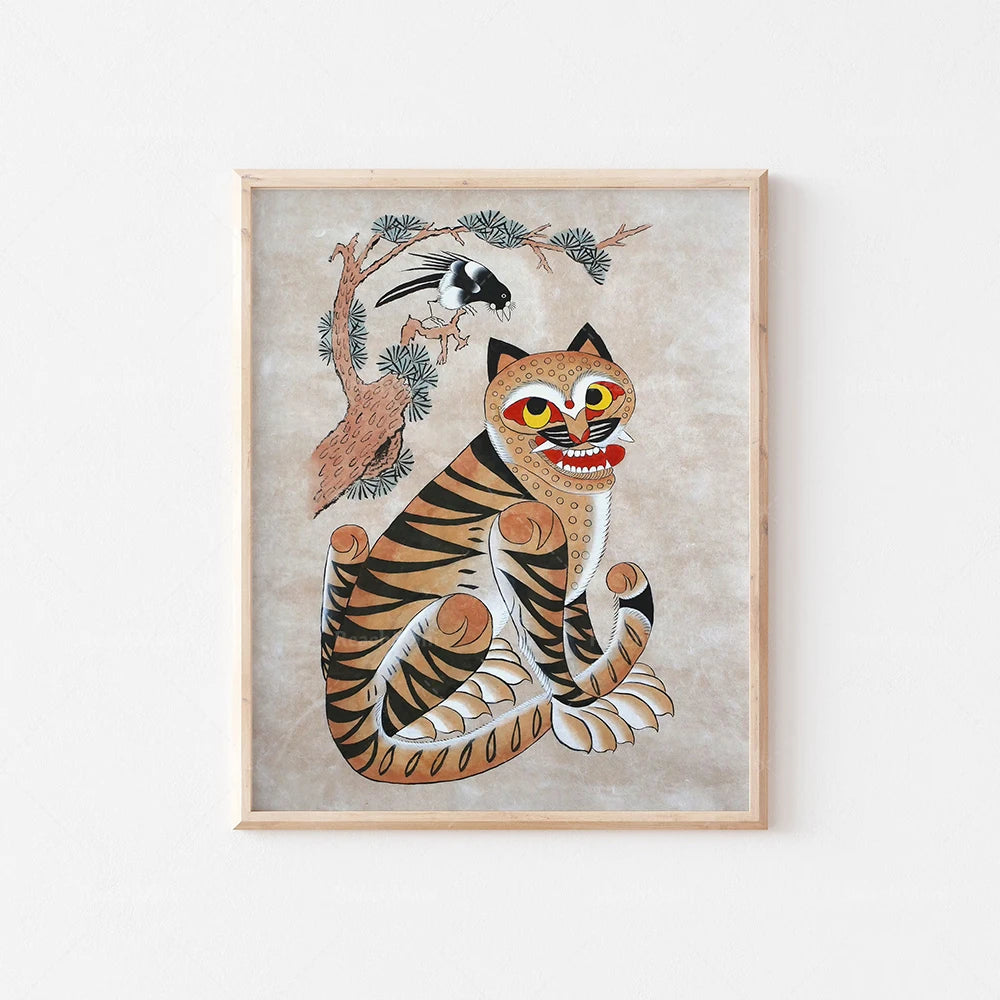 Une illustration colorée et stylisée d'un chat tigré aux yeux expressifs, assis sur une branche fleurie.