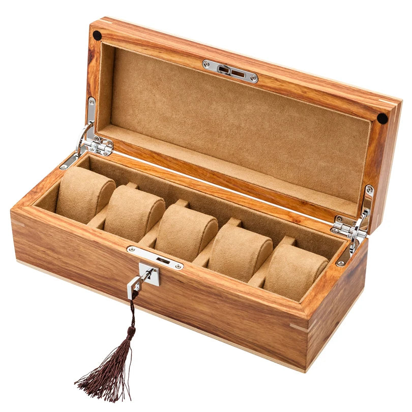 boîte rangement montres bois brun clair feutre doux compartiments élégants charnières métal tassel cuir