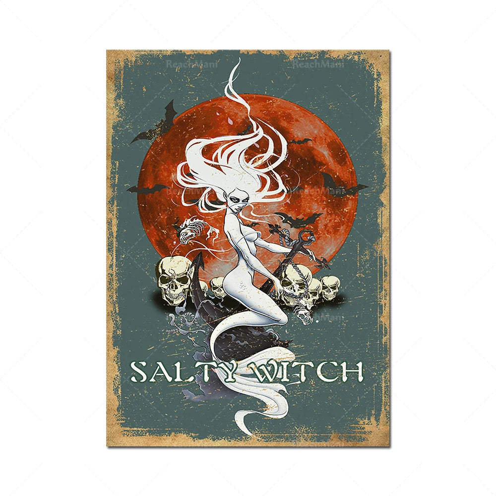 Une femme séduisante, aux longs cheveux blancs, se dresse devant une lune rougeoyante, entourée de crânes. L'image transmet une atmosphère mystique et sombre, suggérant le thème d'une "sorcière salée".
