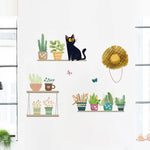 sticker mural décoration enfantine plantes pots chat papillons botanique mignon vert jaune