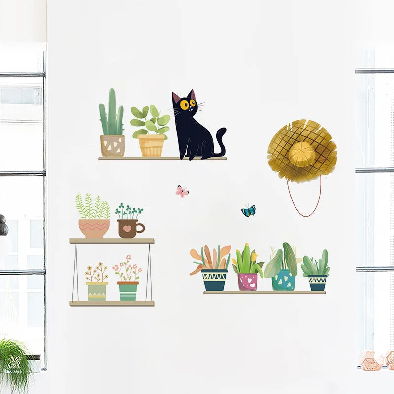 sticker mural décoration enfantine plantes pots chat papillons botanique mignon vert jaune
