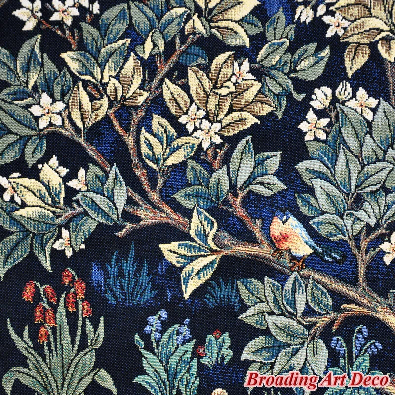 tapisserie murale coton art nouveau floral arbres feuillage oiseau bleu foncé vert beige