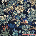 tapisserie murale coton art nouveau floral arbres feuillage oiseau bleu foncé vert beige