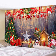 tapisserie murale noel sapin cadeaux boules guirlandes père noel rennes festive rouge vert or