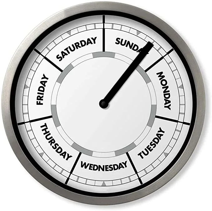 horloge murale jour semaine cadran argenté face blanche moderne minimaliste quartz aiguille salon