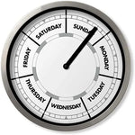 horloge murale jour semaine cadran argenté face blanche moderne minimaliste quartz aiguille salon