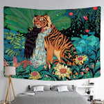 tapisserie murale animaux jungle tigre fleurs mystérieuses multicolore vert orange noir blanc decoration chambre