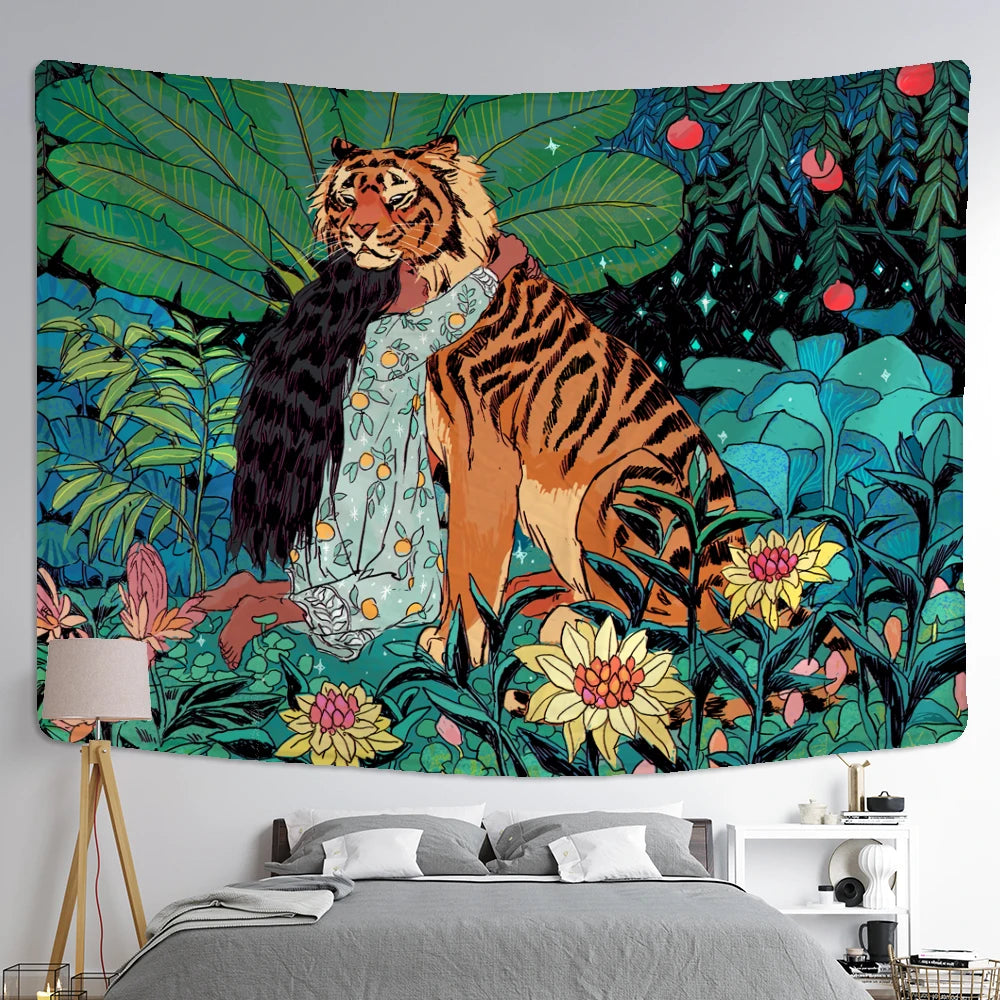 tapisserie murale animaux jungle tigre fleurs mystérieuses multicolore vert orange noir blanc decoration chambre