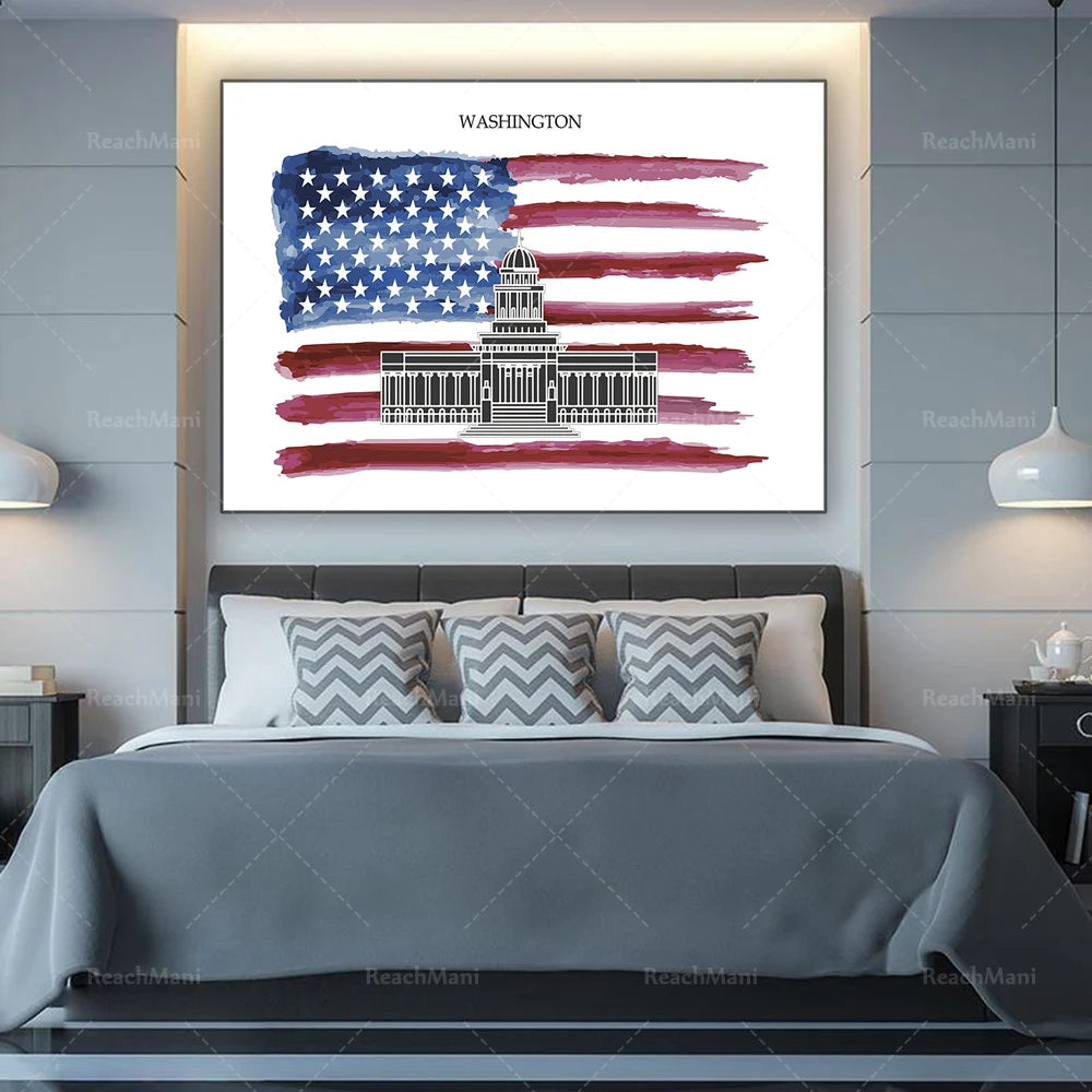 Image représentant le drapeau américain avec le Capitole de Washington en arrière-plan, décoration murale patriotique pour un intérieur moderne.
