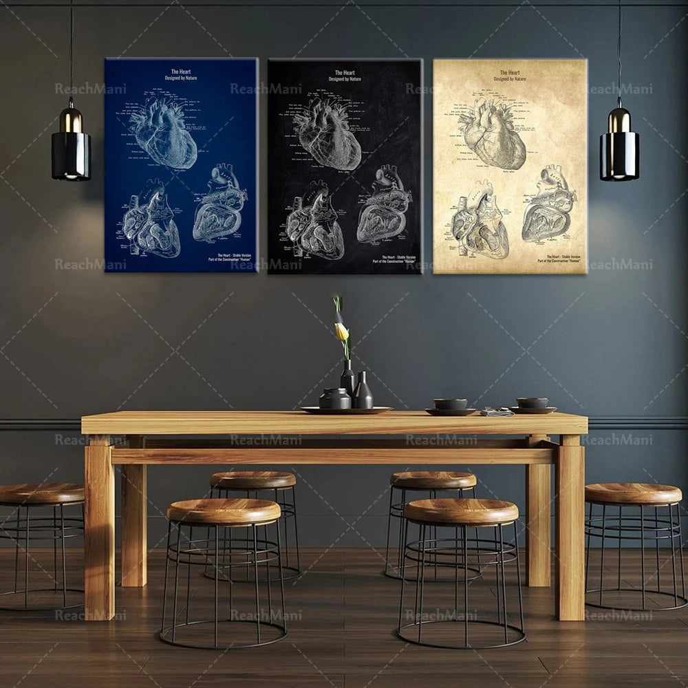 Des posters anatomiques du coeur accrochés sur un mur sombre, avec une table et des tabourets en bois formant un espace repas design.