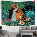 tapisserie murale animaux jungle tigre fleurs mystérieuses multicolore vert orange noir blanc decoration chambre