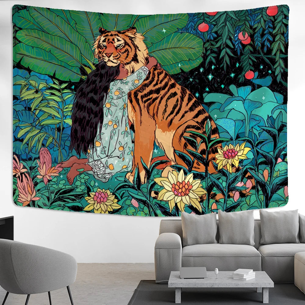 tapisserie murale animaux jungle tigre fleurs mystérieuses multicolore vert orange noir blanc decoration chambre