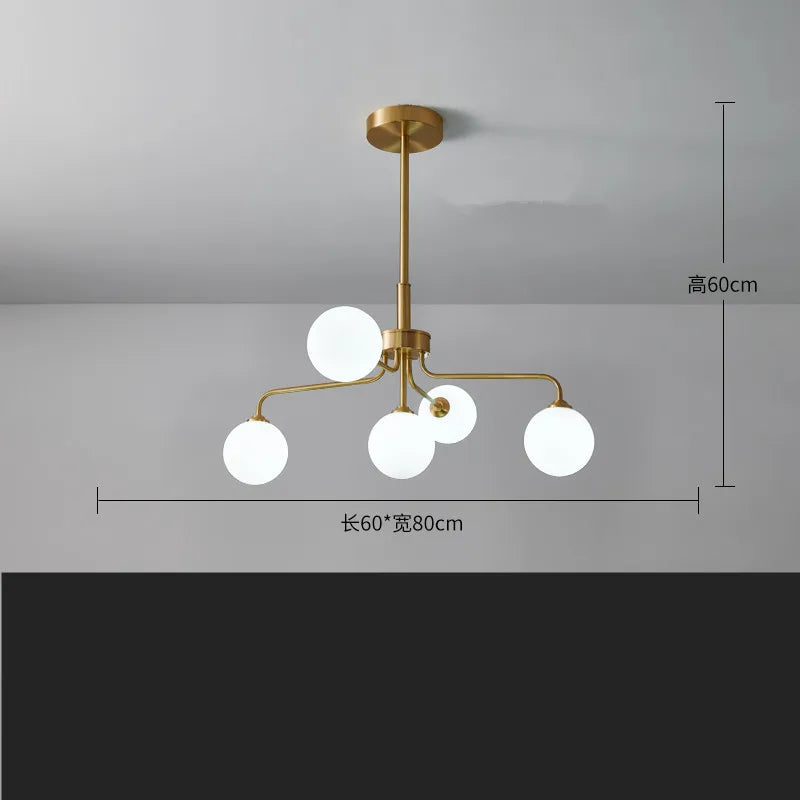 suspension lumineuse moderne or blanc sphères translucides structure métallique interrupteur tactile led