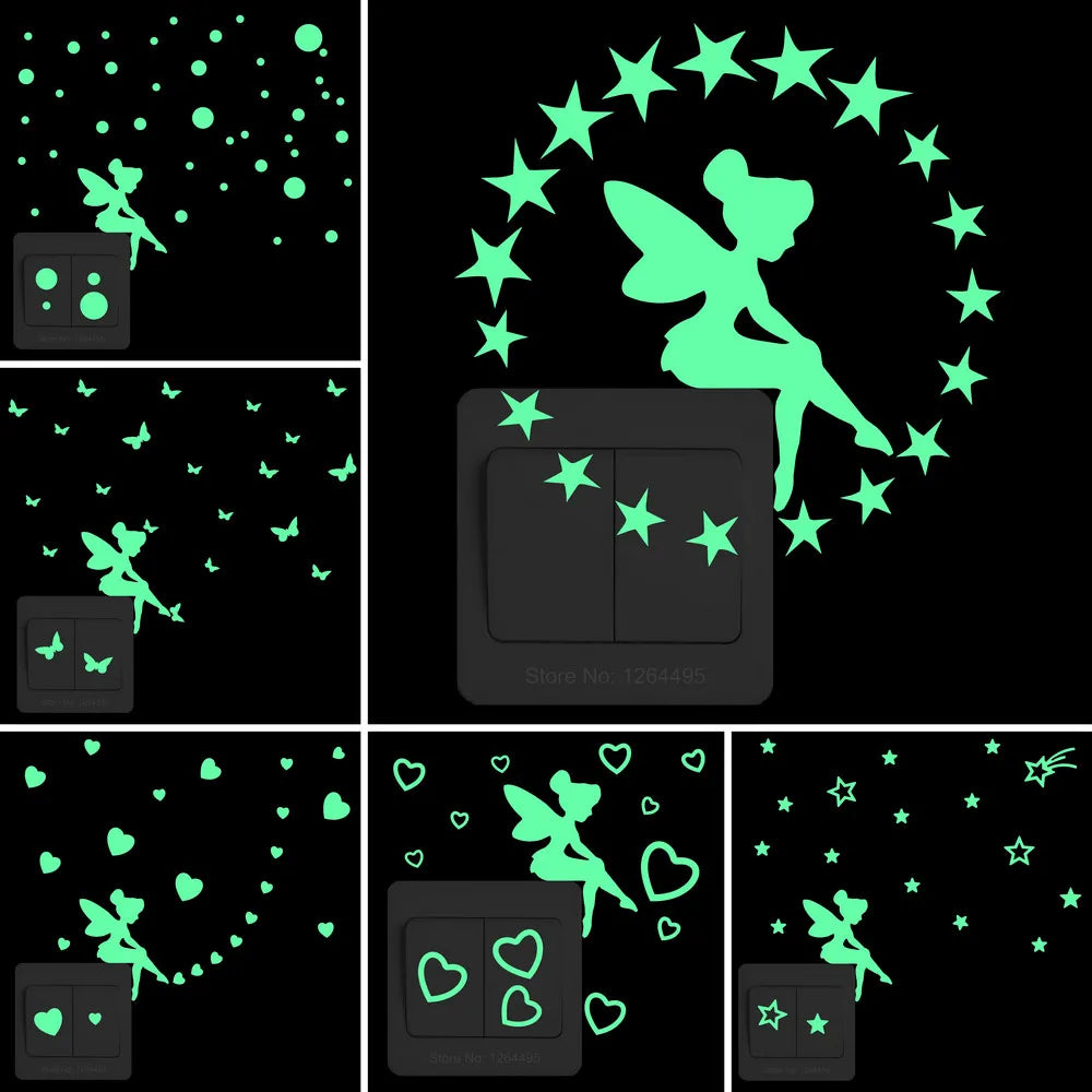 interrupteur mural lumineux fée étoiles papillons moderne adhésif chambre enfant deco vert