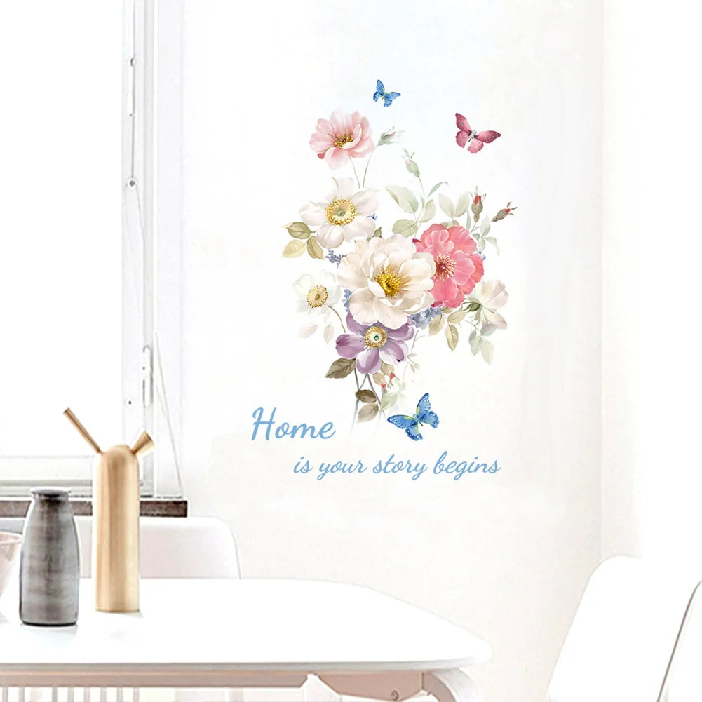 sticker mural fleurs multicolores papillons adhésif décoration maison salon chambre creative