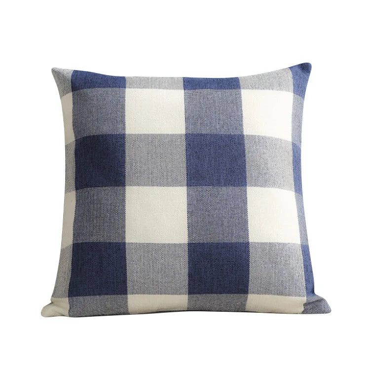 housse coussin carreaux géométriques bleu marine blanc rustique décontracté salon chambre voiture 45x45cm