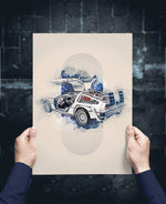 Une illustration futuriste de la légendaire voiture de sport DeLorean DMC-12 dans un paysage nuageux, avec des détails techniques et des accents de couleur rouge et bleu.