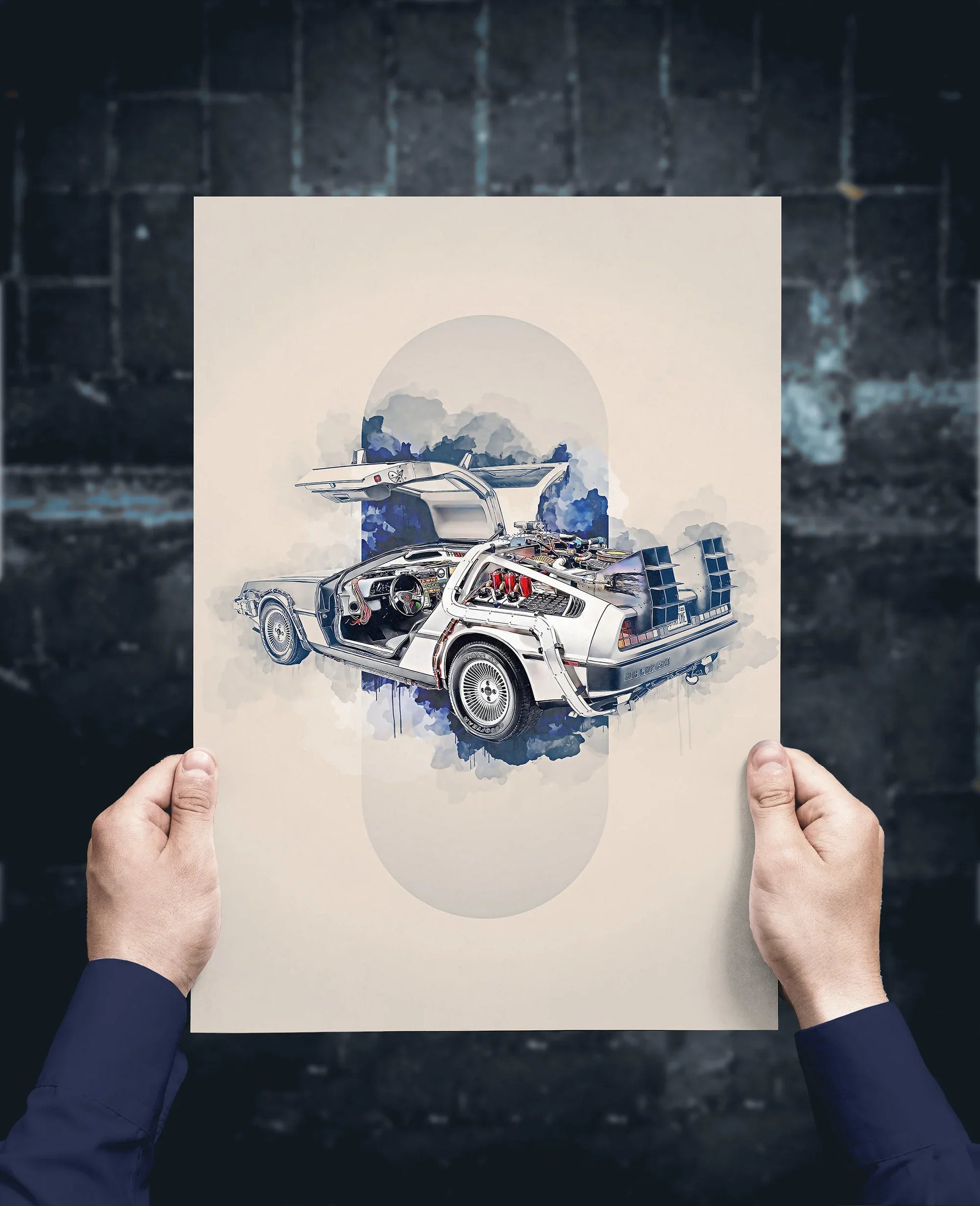 Une illustration futuriste de la légendaire voiture de sport DeLorean DMC-12 dans un paysage nuageux, avec des détails techniques et des accents de couleur rouge et bleu.