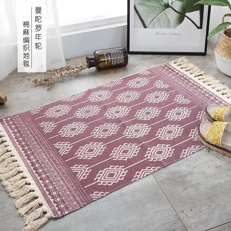tapis géométrique boho beige noir triangles losanges antidérapant lavage machine main chambre salon prière