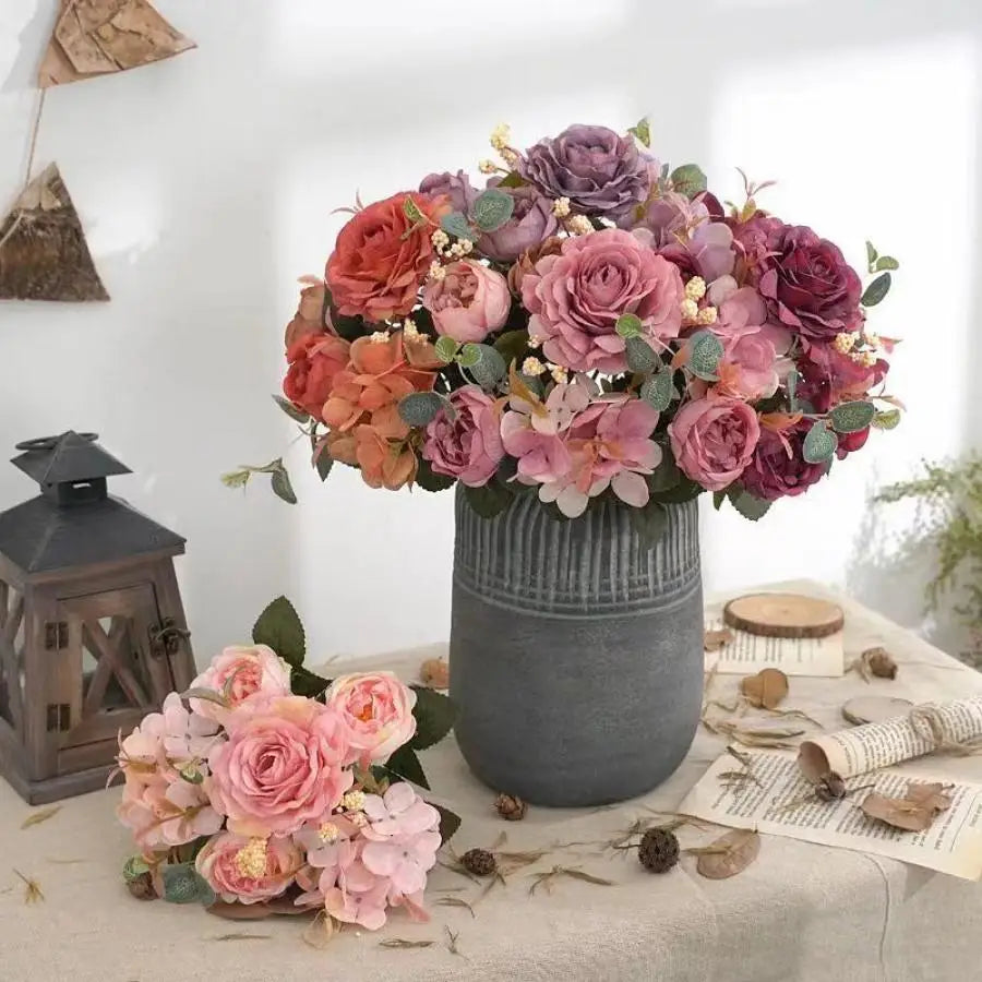 Bouquet artificiel vintage rose violet marron romantique feuilles fleurs blanches décoration mariage intérieur