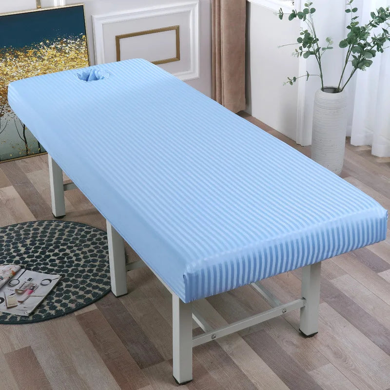 drap housse table massage satin rayures rose bleu violet trou coussin nuque