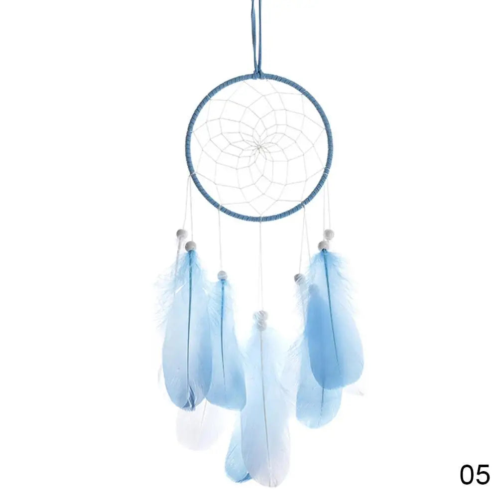attrape rêves traditionnel plumes bois blanc rose violet bleuclair fil suspension
