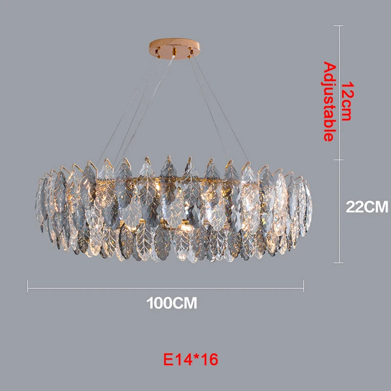 chandelier moderne luxueux transparent feuilles stylisées câbles métalliques doré argenté