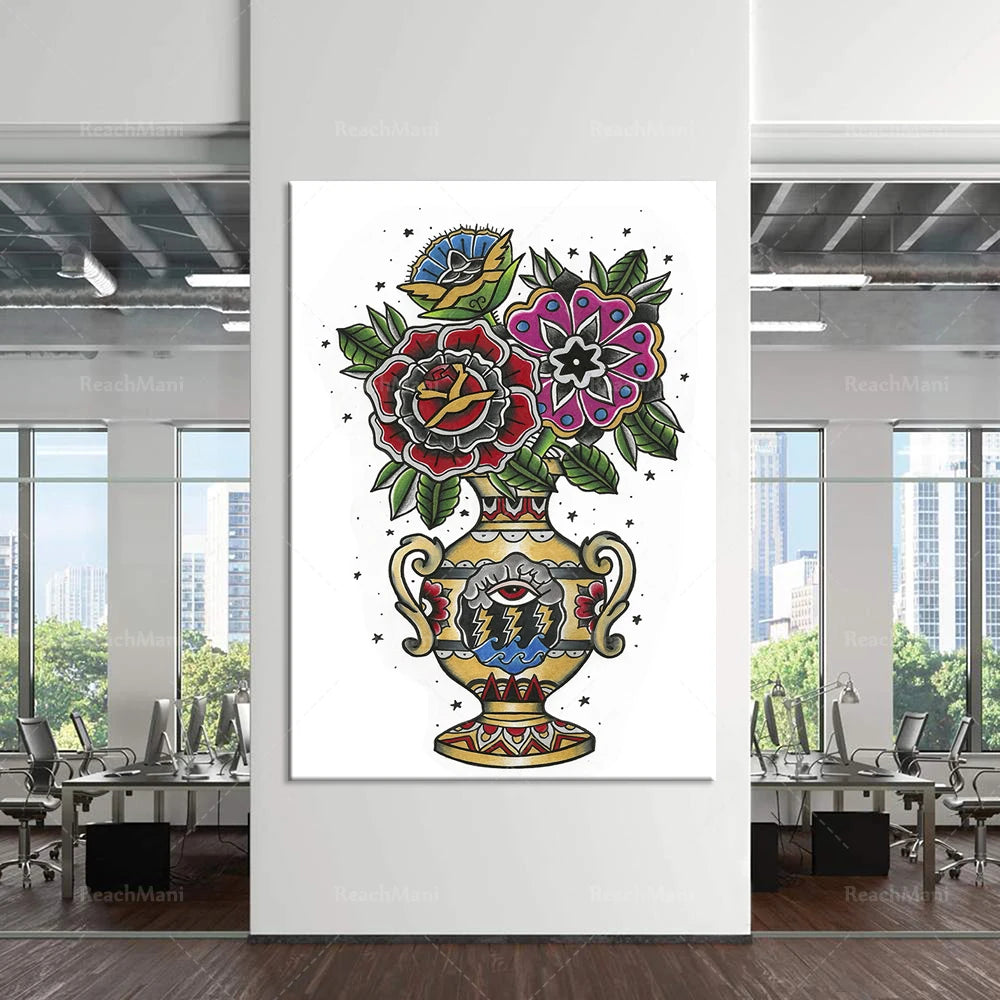 Une splendide toile affichant une magnifique vase décoré de fleurs colorées, créant une atmosphère chaleureuse et artistique dans ce bureau lumineux.