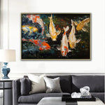 toile peinte abstraite poissons rouges moderne multicolore jaune orange blanc noir cadre doré decoration
