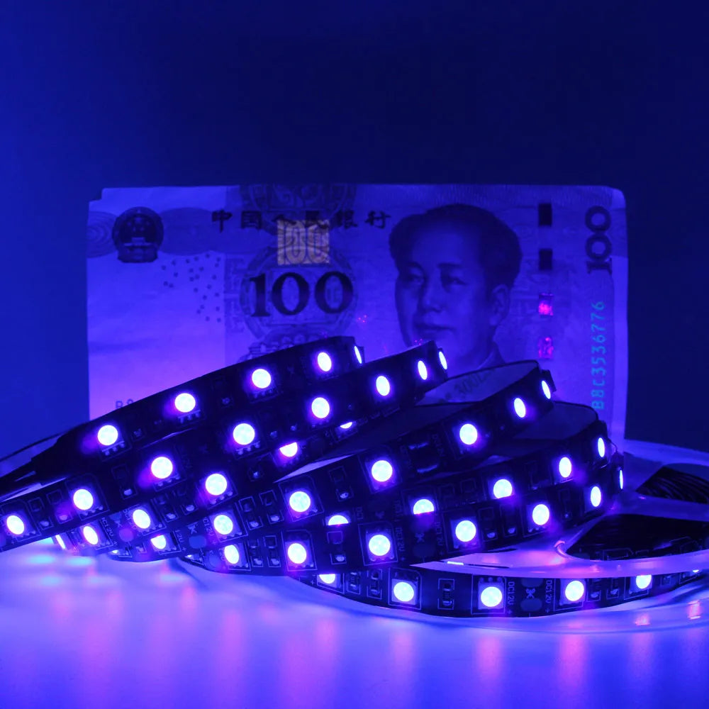 ruban led uv noir blanc bleu 12v smd waterproof ip65 395 405nm 50000h tech