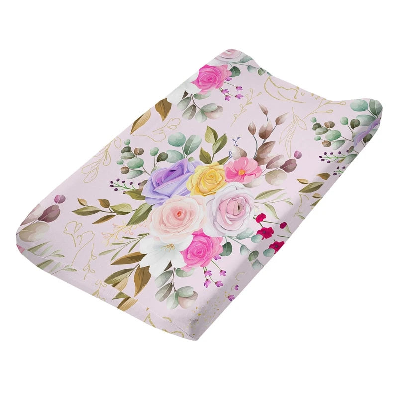 housse matelas langer coton feuilles tropicales moderne vert rose bleu blanc