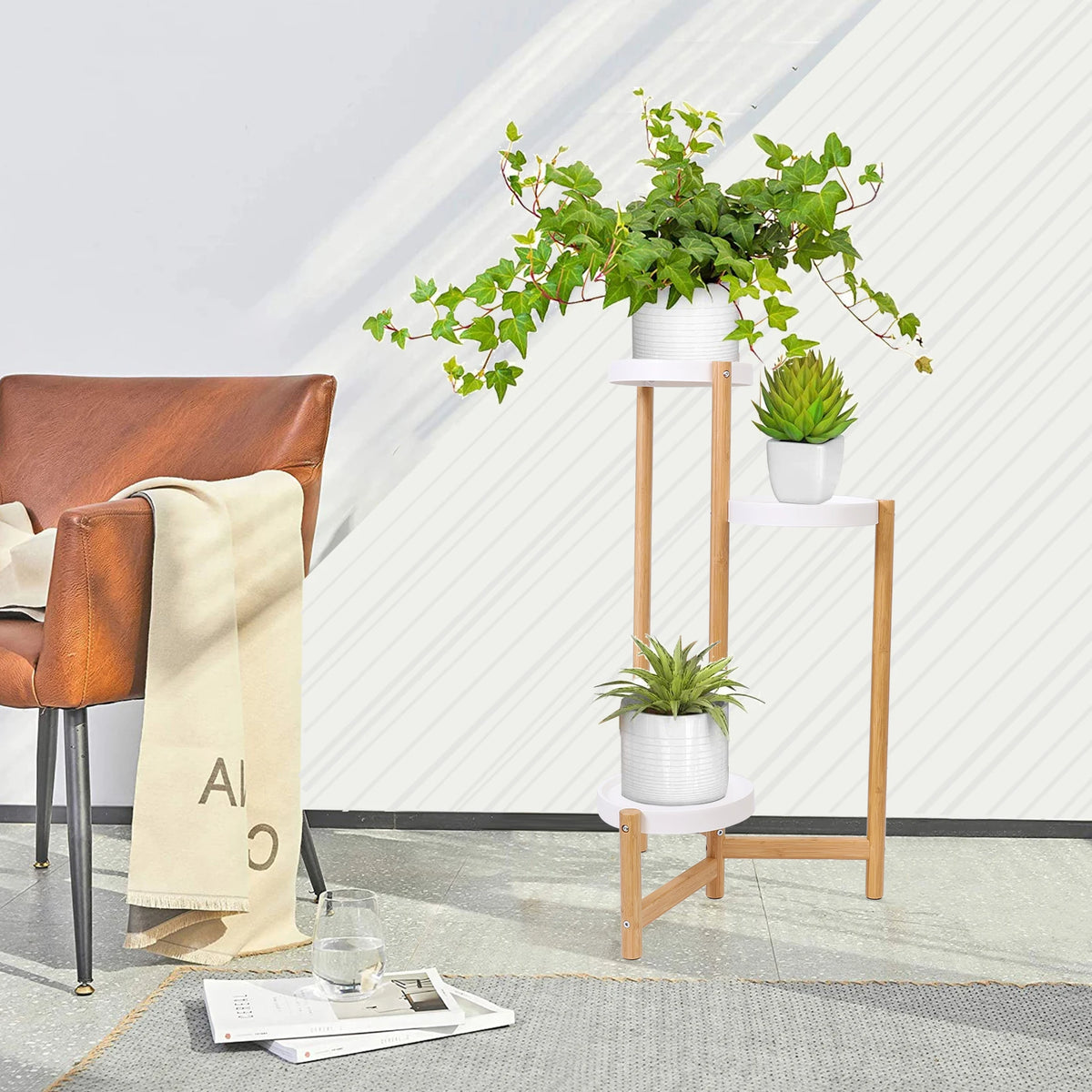 étagère plante niveaux bambou moderne plateaux ronds blancs structure bois naturel vis fixations minimalistes