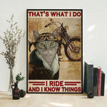 Un chat avec un casque de moto et des lunettes de soleil pose sur une moto, avec le texte "C'est ce que je fais, je conduis et je connais des choses".