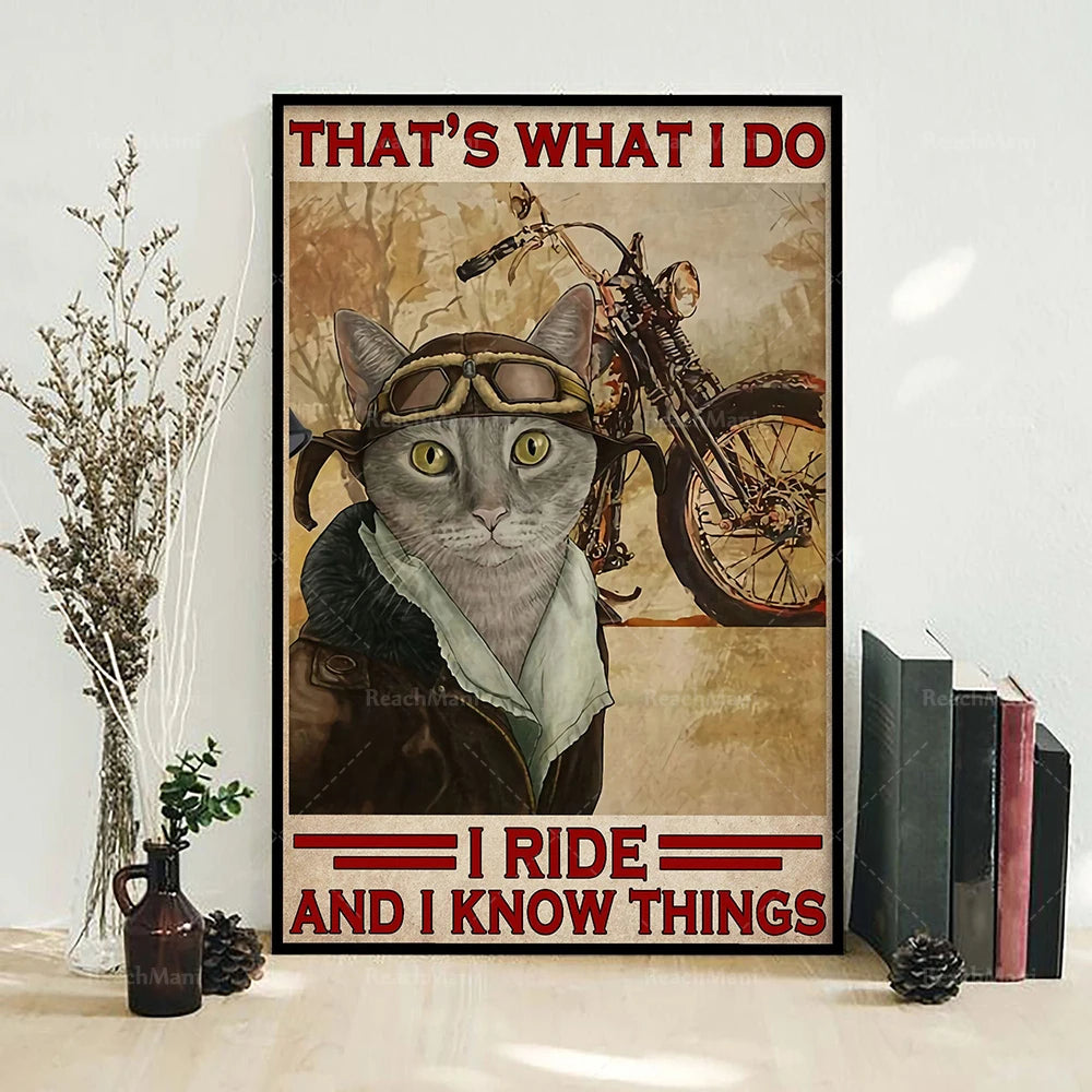 Un chat avec un casque de moto et des lunettes de soleil pose sur une moto, avec le texte "C'est ce que je fais, je conduis et je connais des choses".