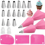 ensemble pâtisserie embouts coniques sacs pâte rose bleu grattoirs brosses nettoyage outils boulangerie
