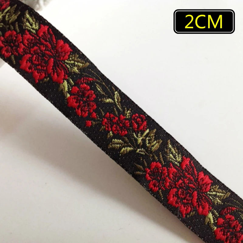 ruban polyester fleurs brodées noir rouge vert 2cm 3.3cm 5cm opacité broderie 5mètres tissu