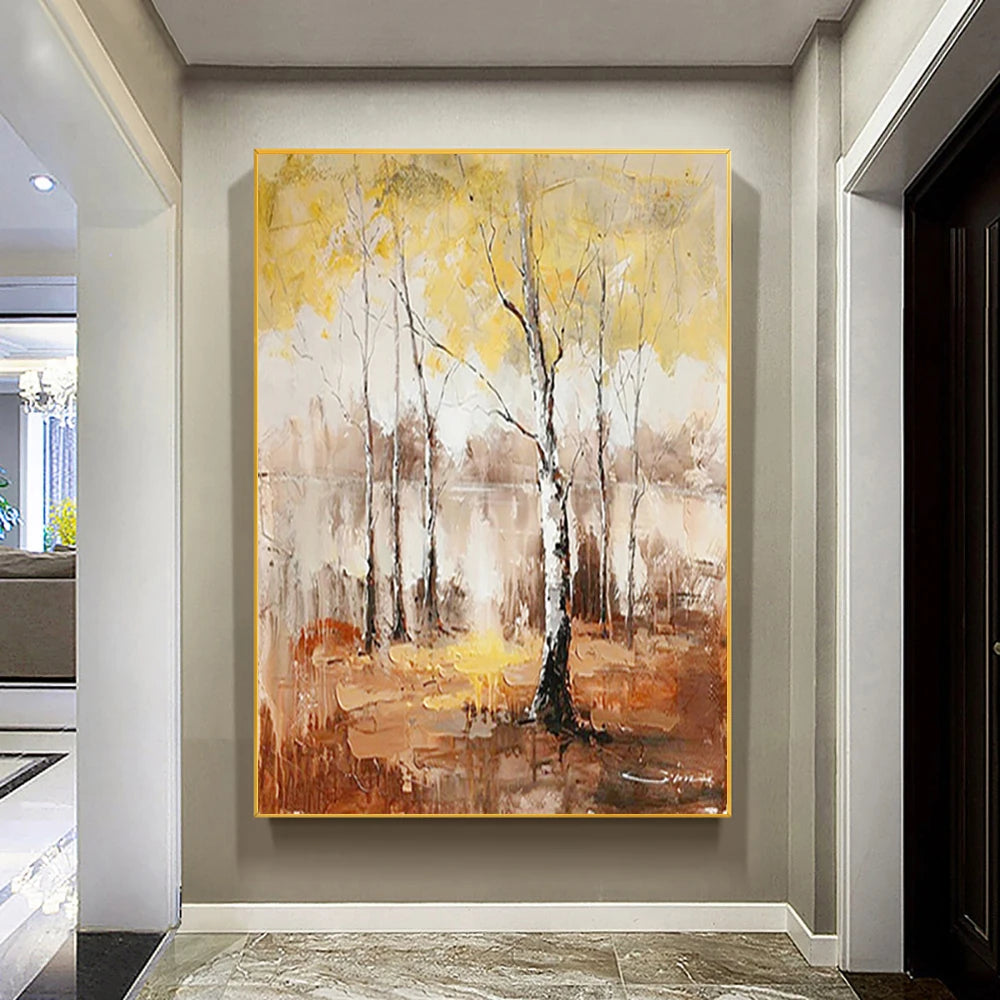grand tableau peinture l'huile paysage arbres abstrait moderne toile cadre doré