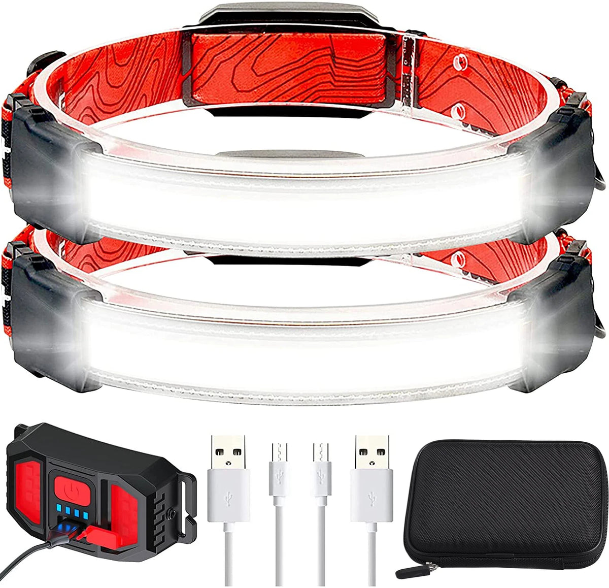 lampe frontale rechargeable rouge noir rayures diagonales moderne fonctionnelle ceinture élastique batterie intégrée contrôle