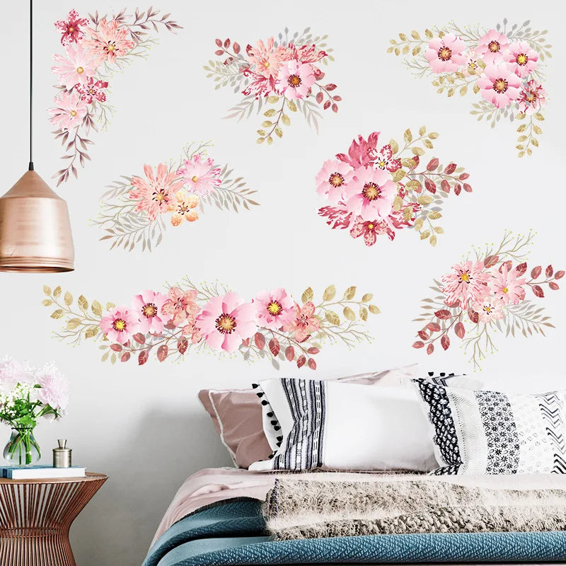 sticker mural adhésif fleurs aquarellées rose rouge jaune marron vert moderne chambre salon