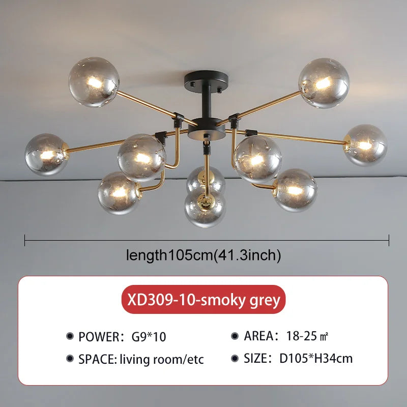 lampe suspension moderne sphères translucides structure dorée salon blanc nordique