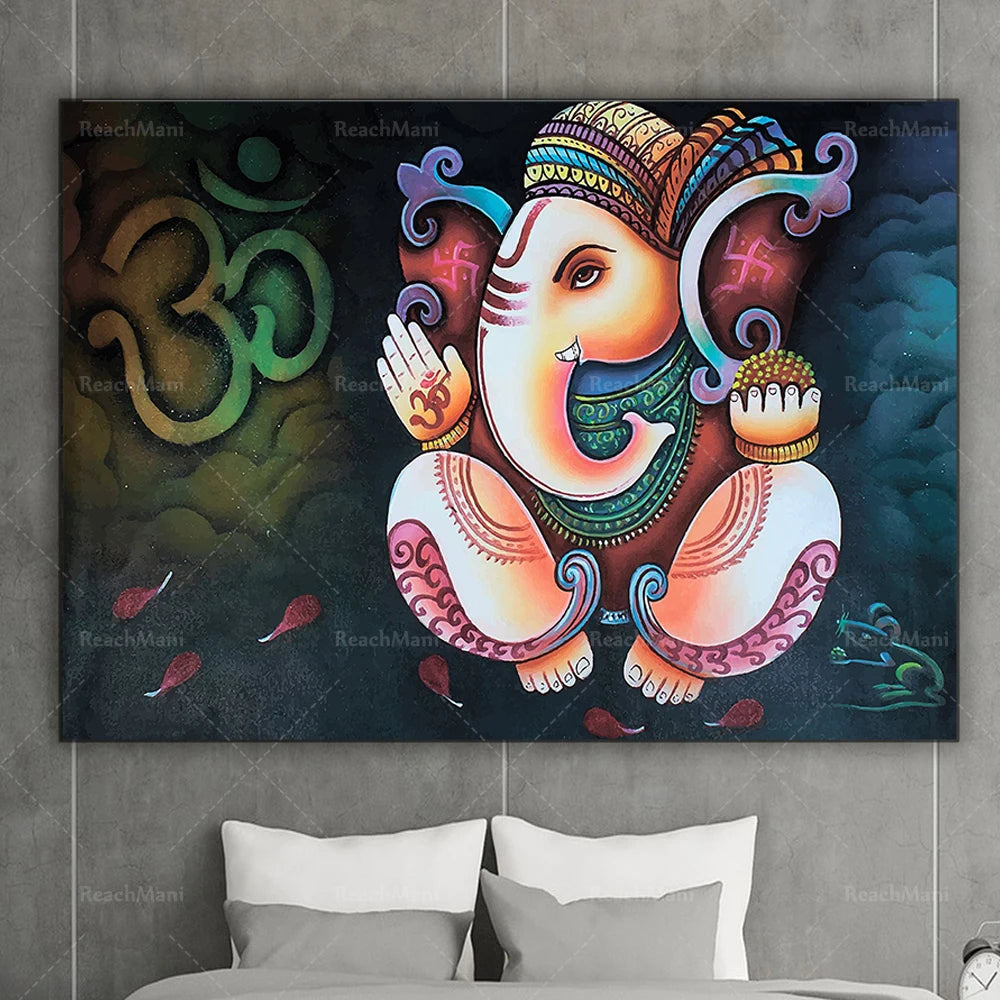 Une magnifique peinture colorée et ornementée représentant un dieu Ganesh, divinité hindoue emblématique connue pour apporter la prospérité et écarter les obstacles.