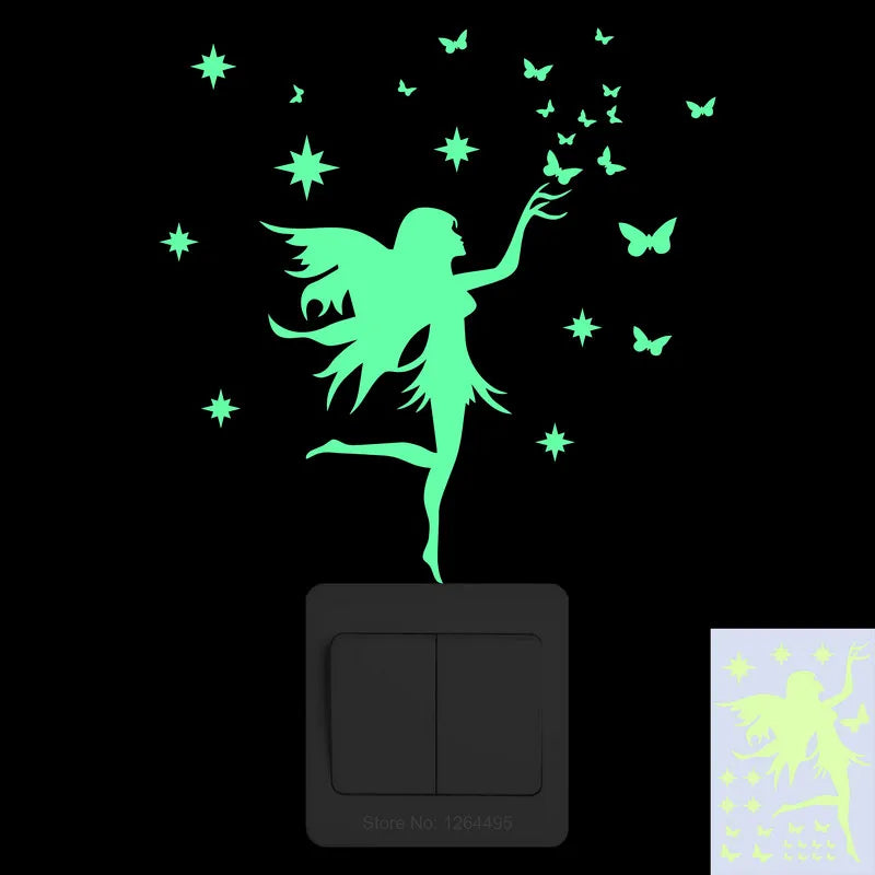 interrupteur mural lumineux fée étoiles papillons moderne adhésif chambre enfant deco vert