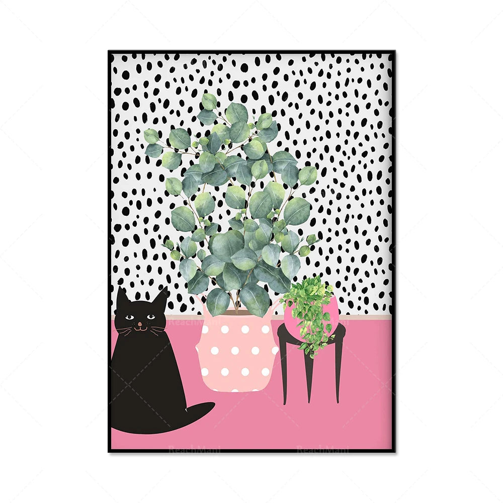 Une image whimsique montrant un chat noir dans un intérieur moderne avec des plantes succulentes sur un fond pois blanc et noir.