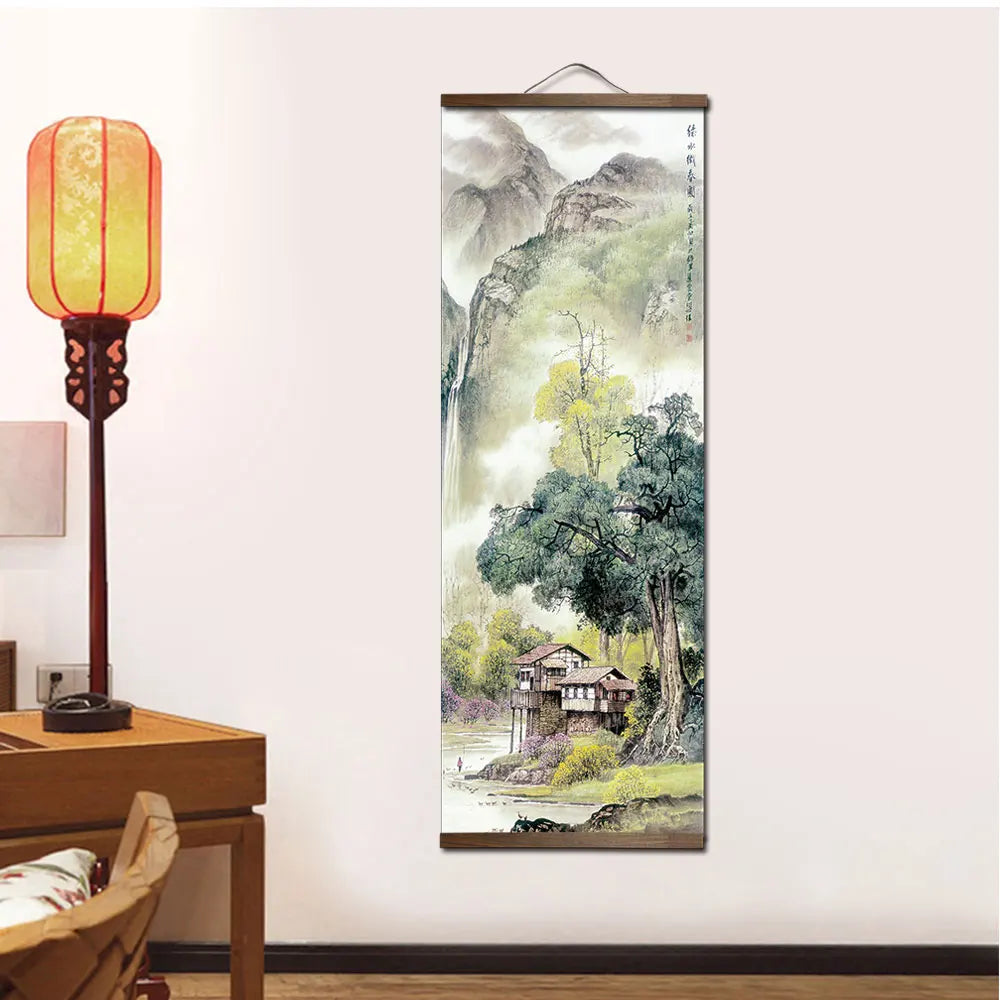 tableau mural paysage montagneux peinture traditionnelle chinoise clips cadre bois multicolore vertical decoration maison