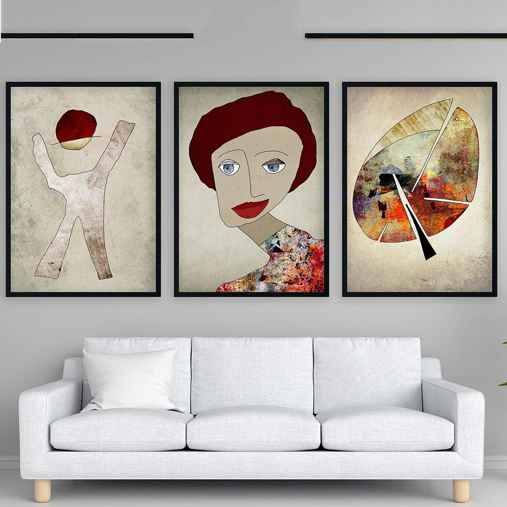 Œuvres abstraites et expressionnistes encadrées, comprenant des formes géométriques, des visages stylisés et des compositions colorées.