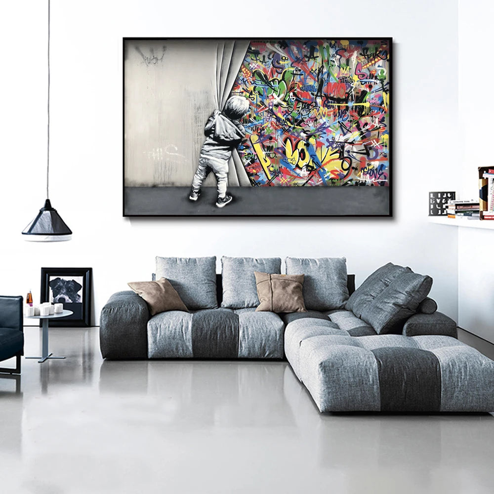 toile d'art moderne graffiti coloré urbain maison chambre enfant horizontal imprégné encre imperméable