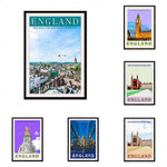 L'image présente plusieurs affiches touristiques mettant en valeur différents sites emblématiques d'Angleterre, tels que Big Ben, les bâtiments historiques d'Oxford ou la cathédrale de Cambridge.