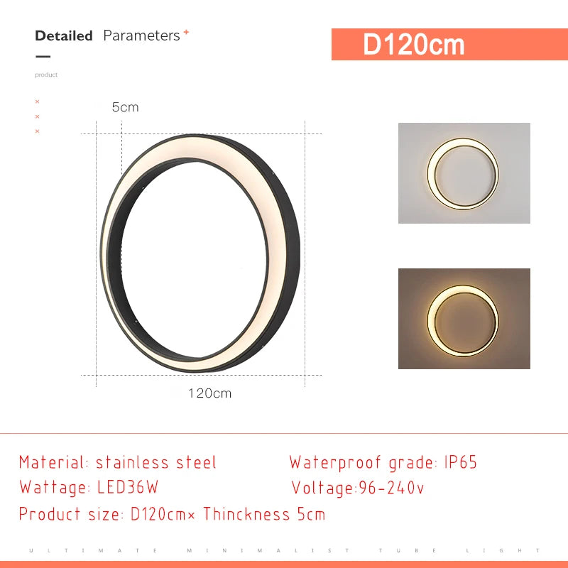 lampe circulaire moderne led blanc ip65 extérieure acier poli 11w 19w 24w 36w minimaliste