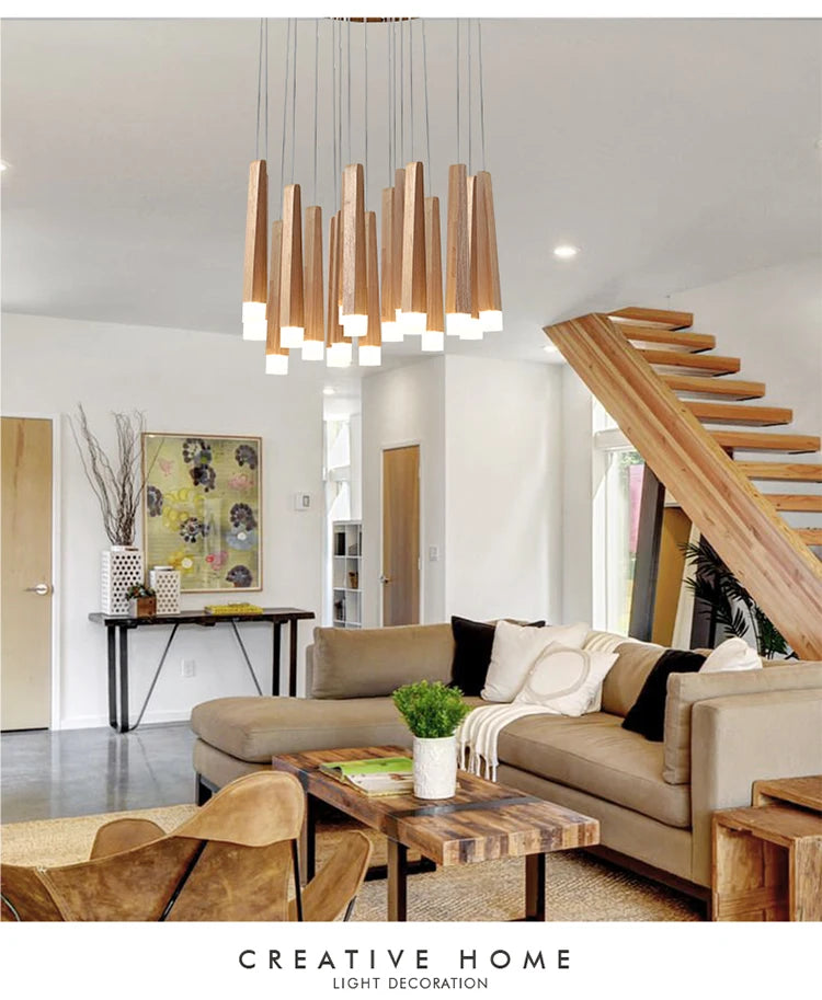 suspension lumineuse bois naturel moderne 12 têtes 90v 260v minimaliste